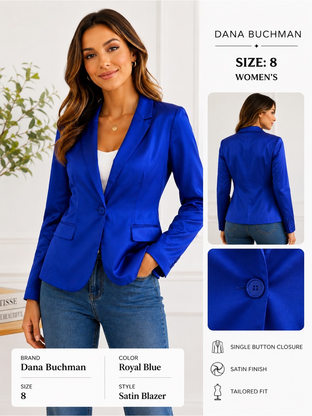 Dana Buchman Royal Blue Satin Blazer Size 8 Single Button Career Jacket academia